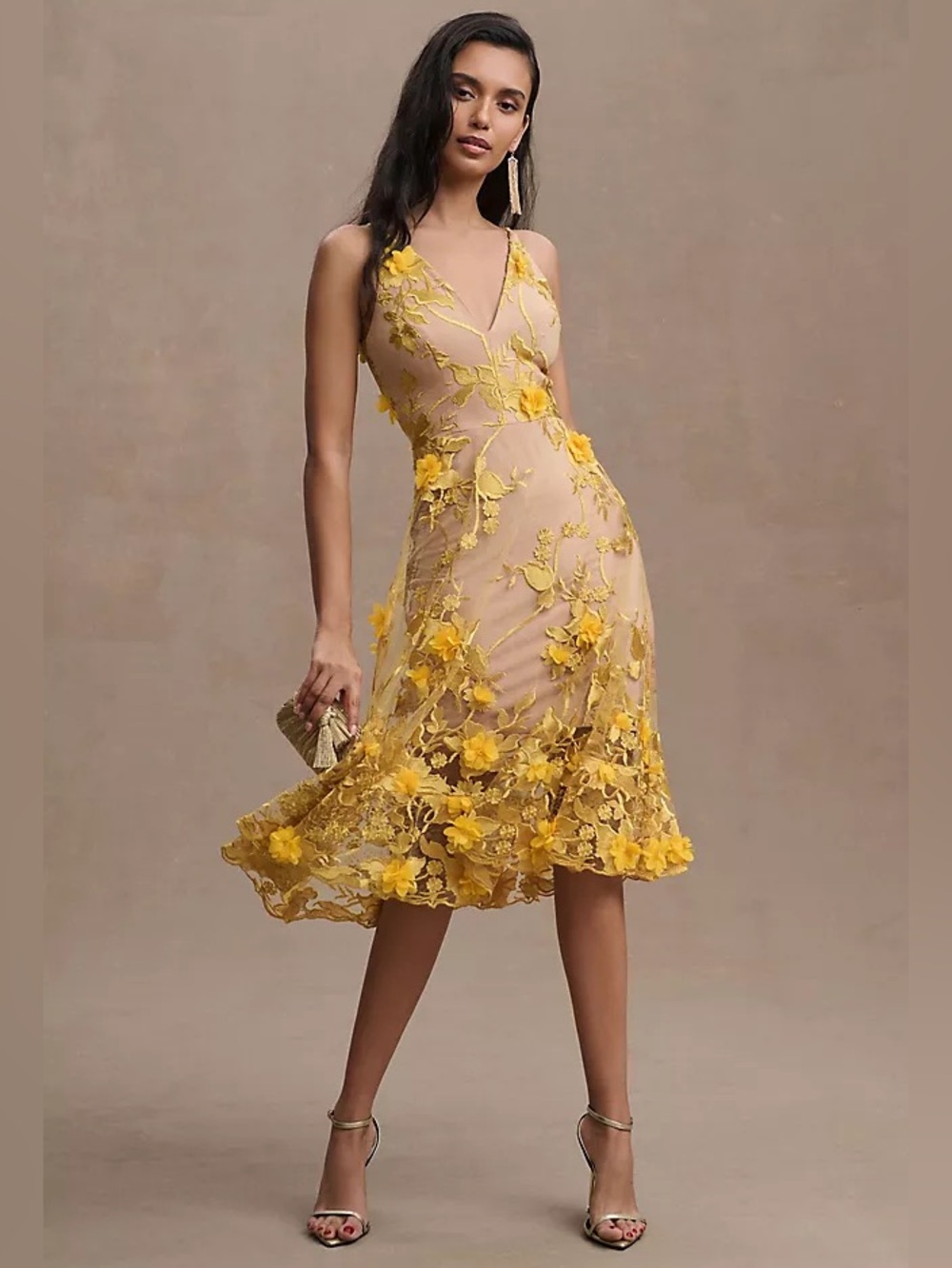 Dress the Population Audrey Yellow & Nude Floral Appliqué V-Neck Midi Dress XS